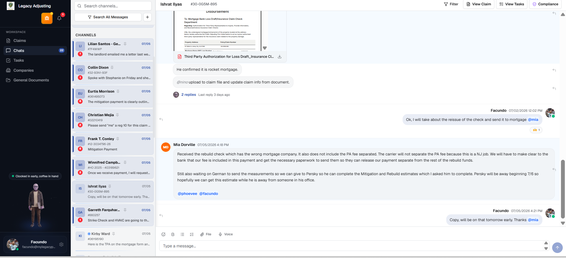 Nino CRM — chat channel for a claim with the AI copilot