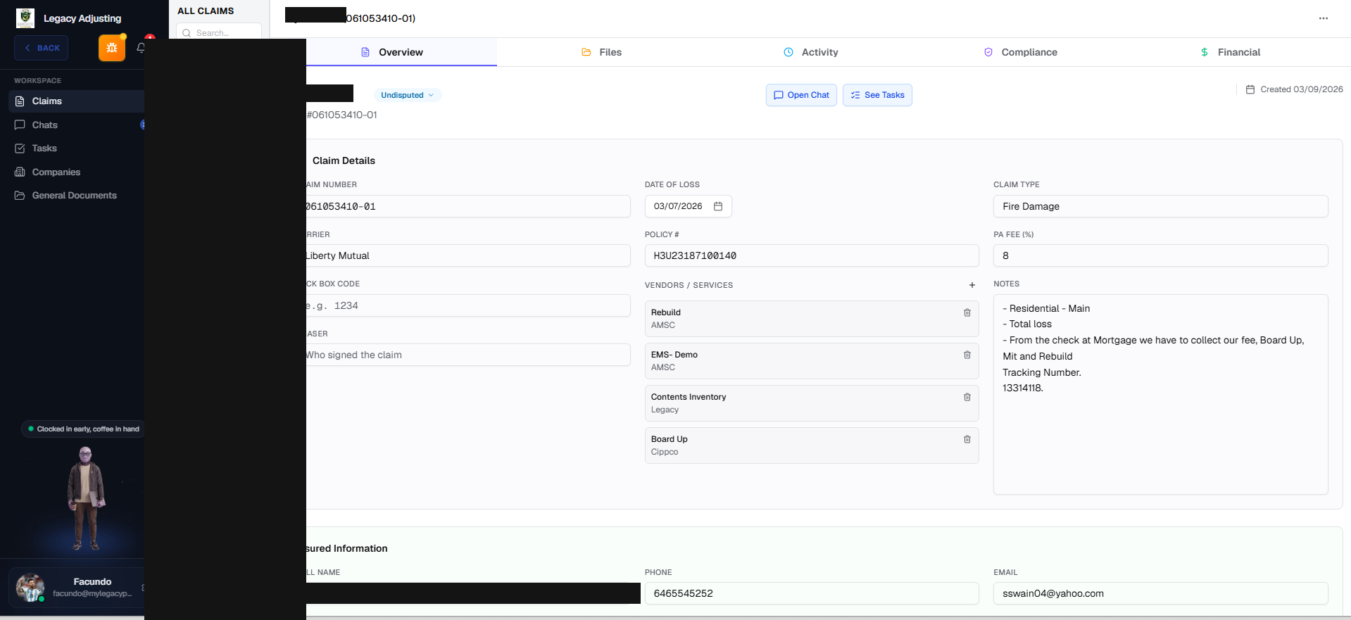 Claim overview screen in Nino CRM