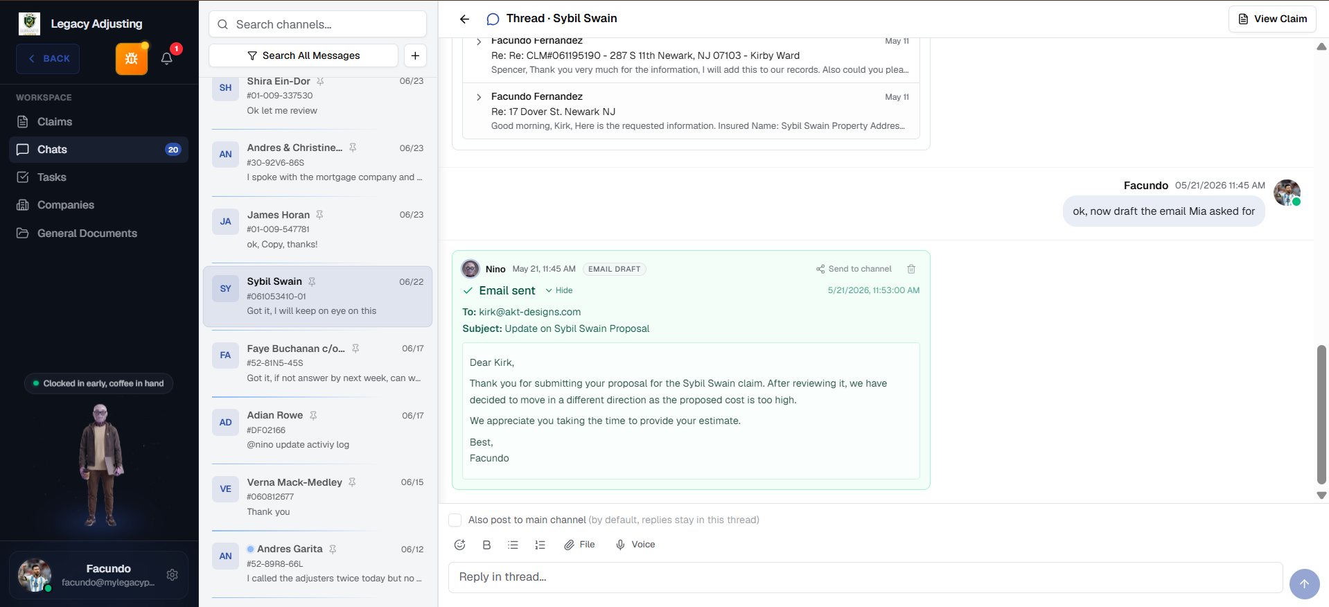 Nino AI drafting and sending an email