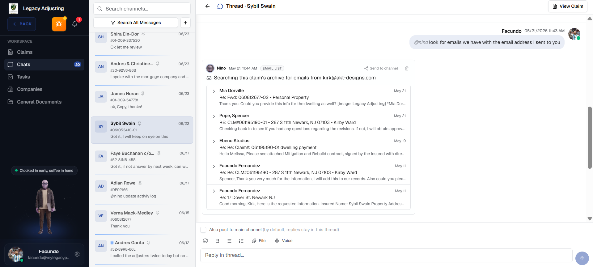 Nino AI searching a claim's email archive