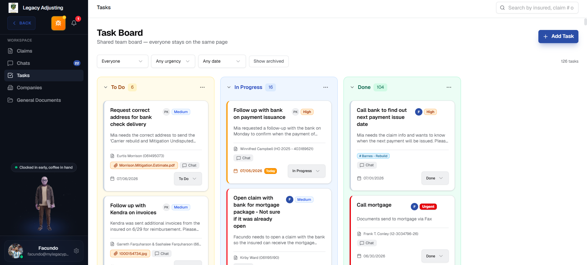Shared task board in Nino CRM
